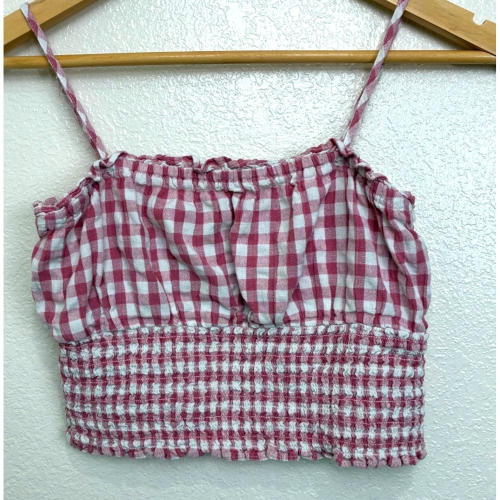 American Eagle Gingham Baby Doll Crop Red White Smocking Cottage Core Poppy XS